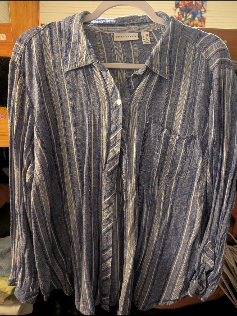 Susan Graver Blue and White Striped Casual Button-Down Shirt